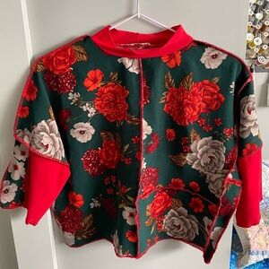 Handmade One-Of-A-Kind Forest Green and Red Floral Patchwork Cropped Shirt